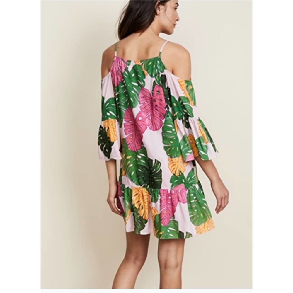 COOPER & ELLA | FLORAL PALM COLD SHOULDER BELL SLEEVE VISCOSE BABYDOLL DRESS XS